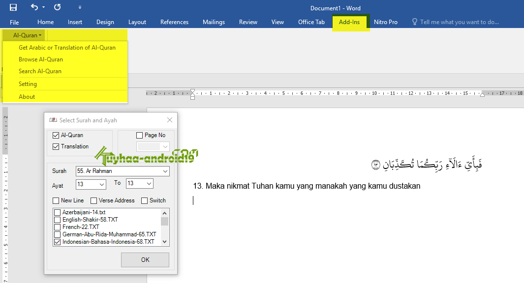 Quran in Word 2.2 Support Office Word 2016